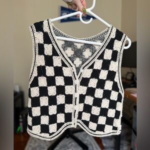 Funky Crochet button vest / black and beige floral checkers / medium?